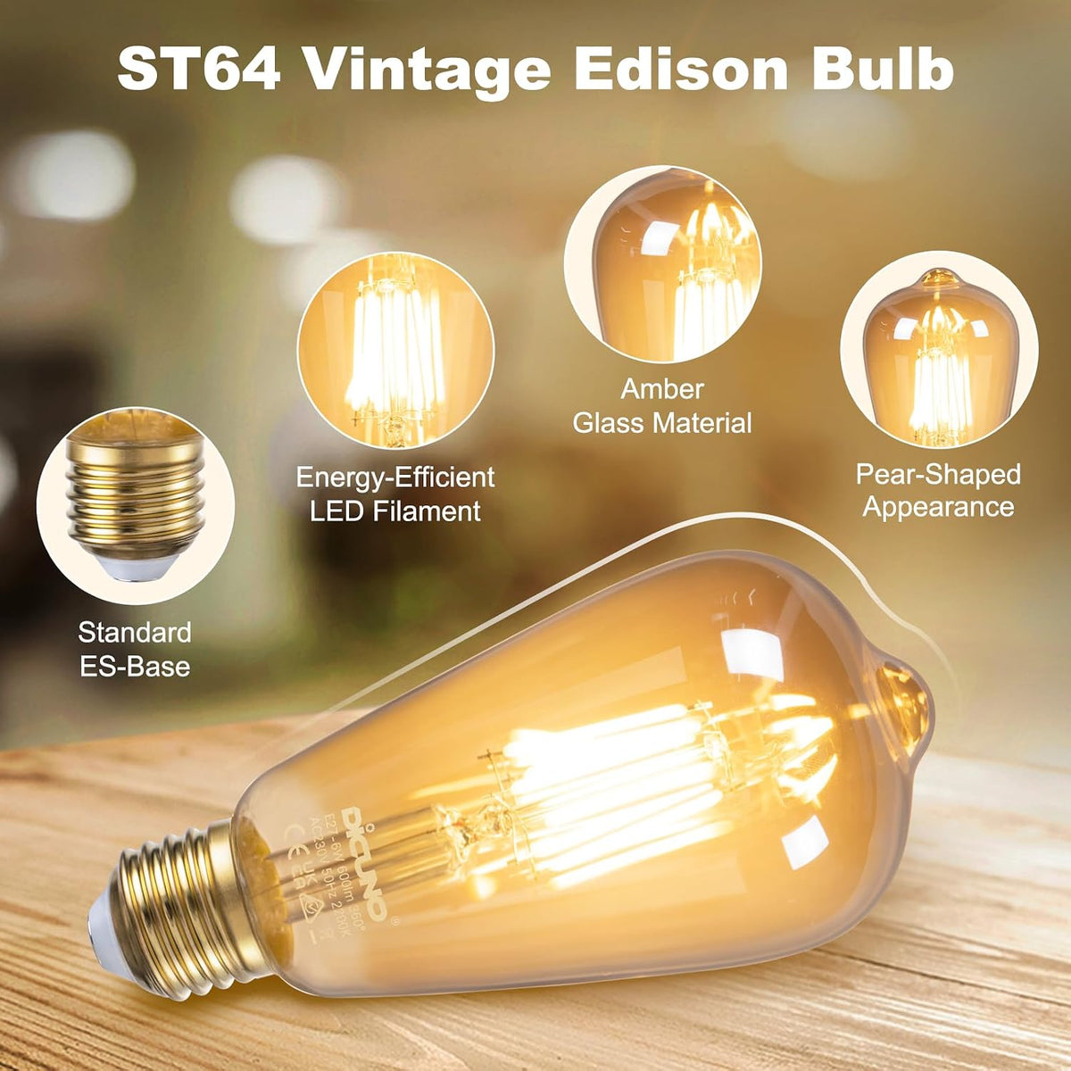 DiCUNO Vintage Light Bulb E27 Edison Screw Bulb, 6W, Warm White 2200K, 6Pcs