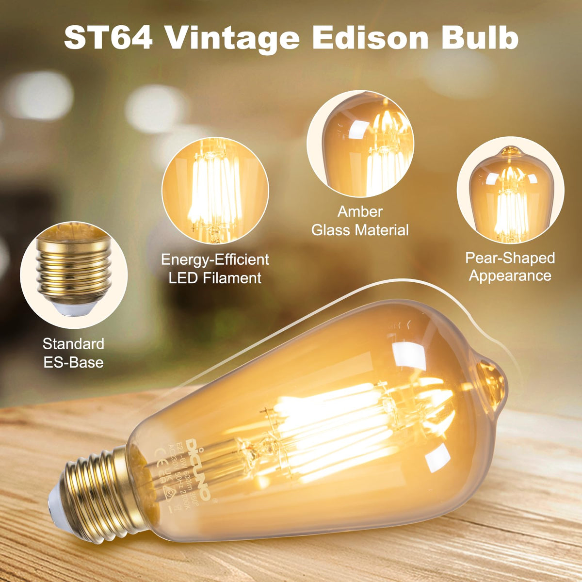 DiCUNO Vintage Light Bulb E27 Edison Screw Bulb, 6W, Warm White 2200K, 6Pcs