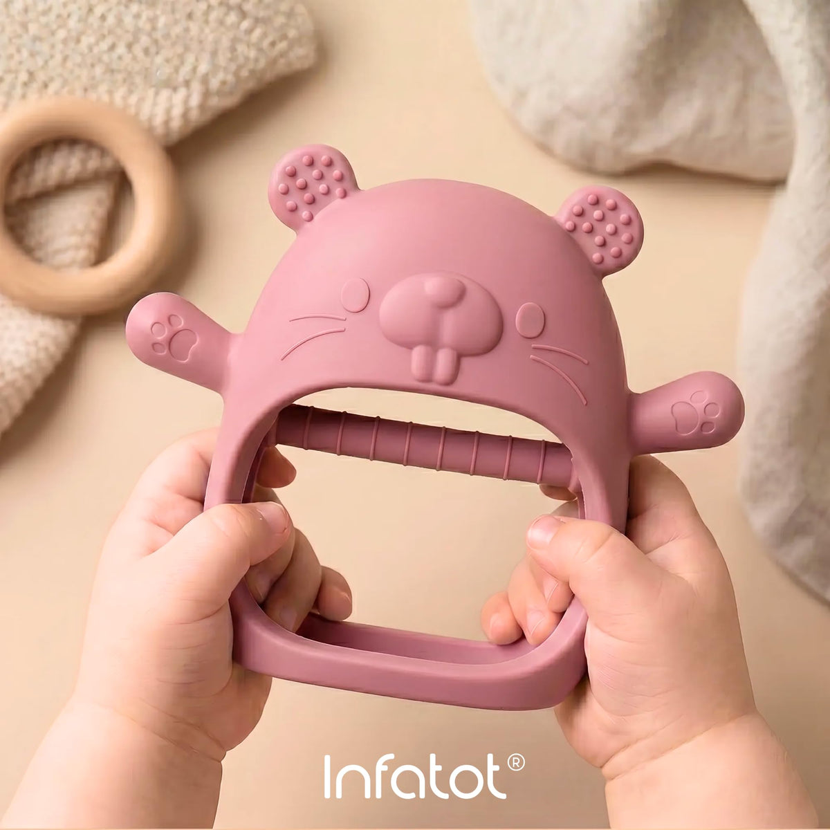 Infatot® Teething Toys for Baby Gifts – Chipmunk Silicone Mitten Teether, Soothing Glove for Infants, Baby Toys 0-6 Months, Soft Chewable Teether Toy to Prevent Finger Sucking, CM Blue.