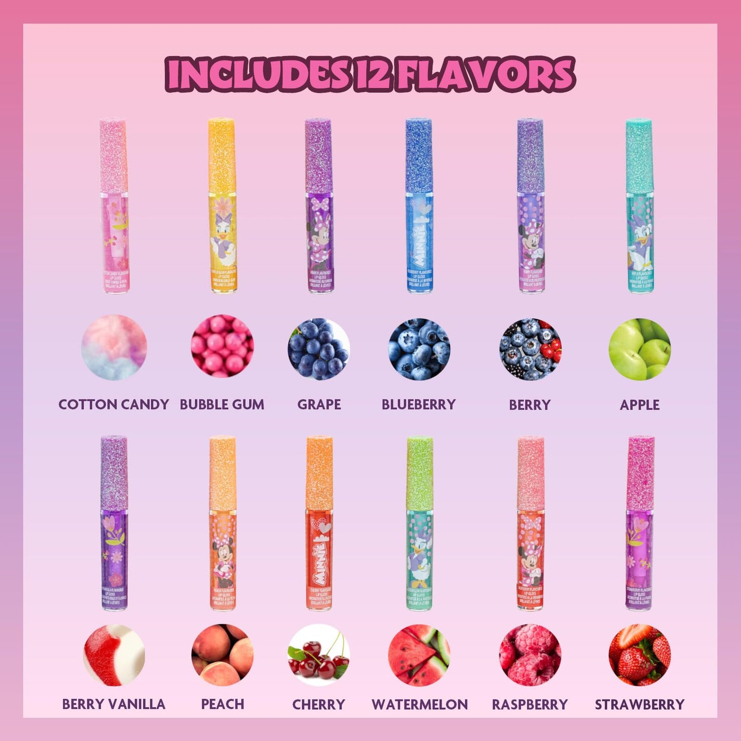 Disney Princess 12 Piece Plant Based Lip Gloss, Girls Party Favours, First Makeup Set for Girl, Perfect for Parties, Sleepovers and Birthday Gifts, Ages 3+, by Townley Girl