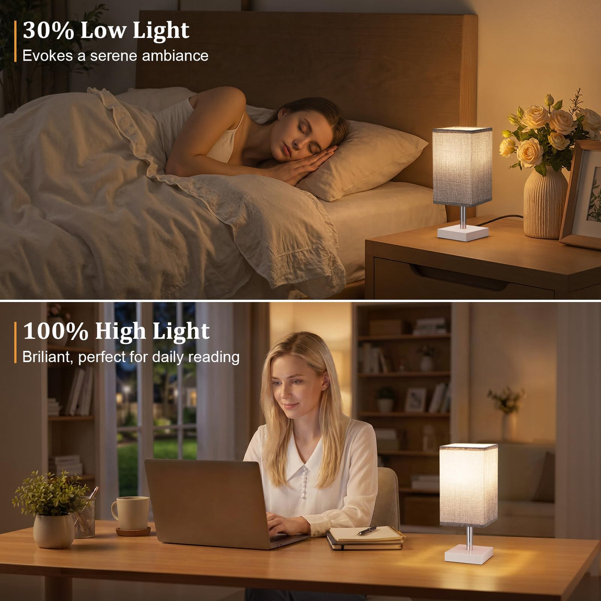 White Table Lamp for Bedroom, Small Bed Lamp with for Bedroom, Silver Base(Bulb Included)