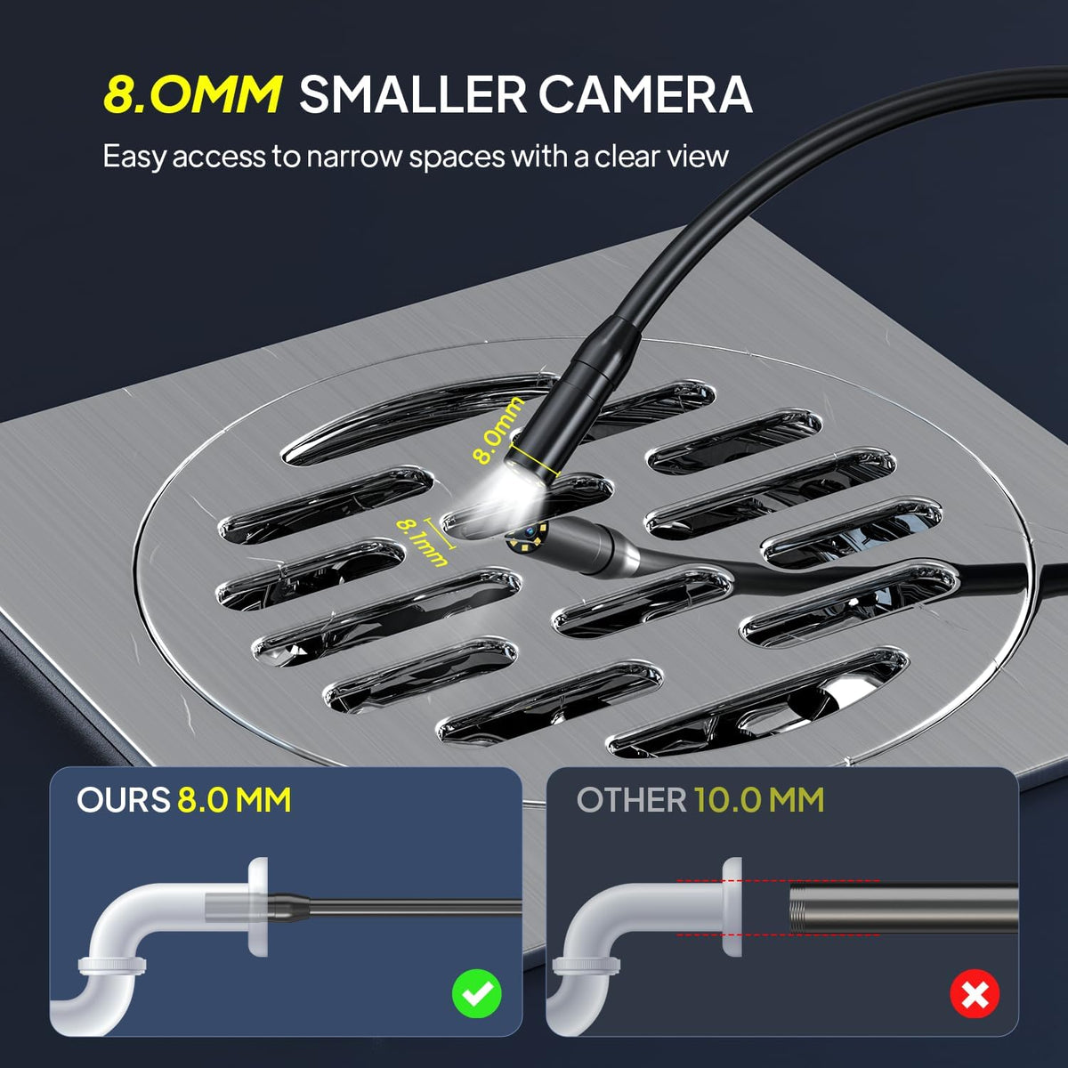 Endoscope Inspection Camera, Qimic 2.4'' IPS Screen Borescope with 8 LED Lights, IP67 Waterproof Endoscope, 1080P HD Snake Camera, 33FT Semi-Rigid Cable, Gadgets for Men