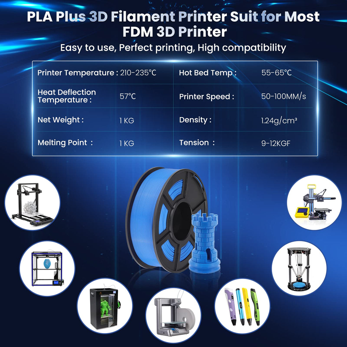 SUNLU PLA+ 3D Printer Filament, Tougher PLA Plus Filament 1.75mm, 1KG Black