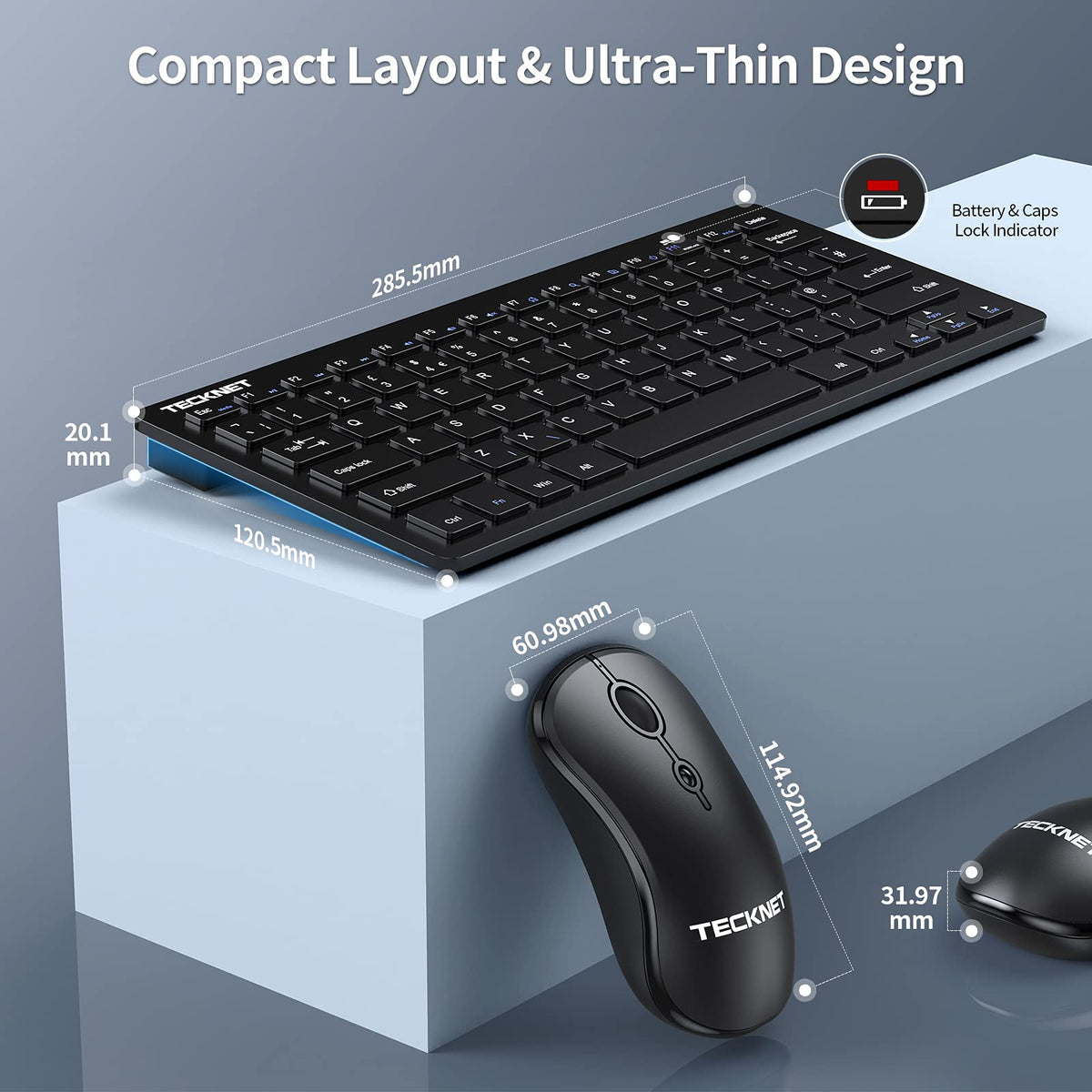 TECKNET Mini Wireless Keyboard and Mouse Set, 2.4G Cordless USB, Black