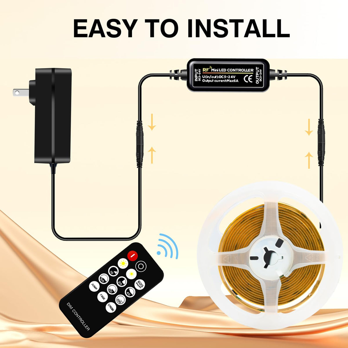 COB LED Strip 7.5m Warm White, 3000K, 24V, Remote Control, 8mm Wide