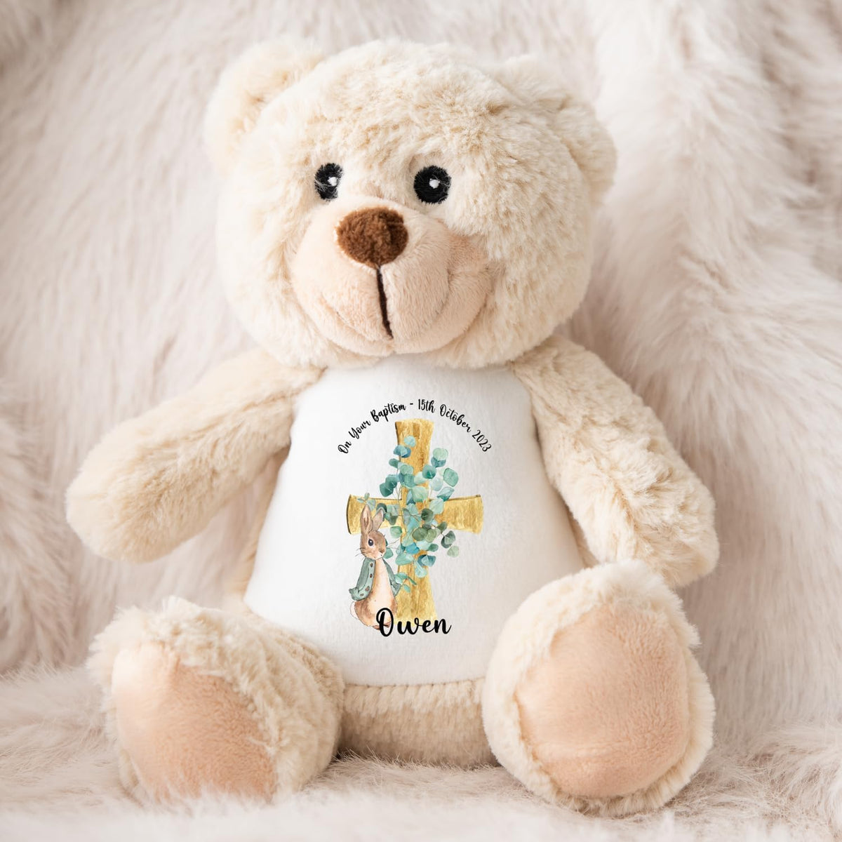 Crafted Memories - Personalised Bunny Rabbit | Custom Name & Date | Christening & Baptism Keepsake | Baby Girl & Boy | Soft Grey, White | Ideal 1st Birthday Present