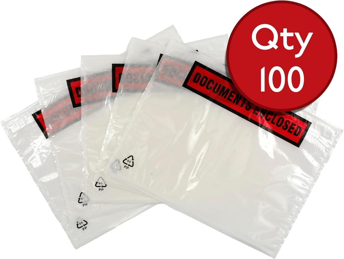 100 x A5 Printed Document Wallets (225 x 165mm), Waterproof A5 Plastic Wallets Printed with Documents Enclosed for Invoices, Labels, Delivery Notes and Packing Lists