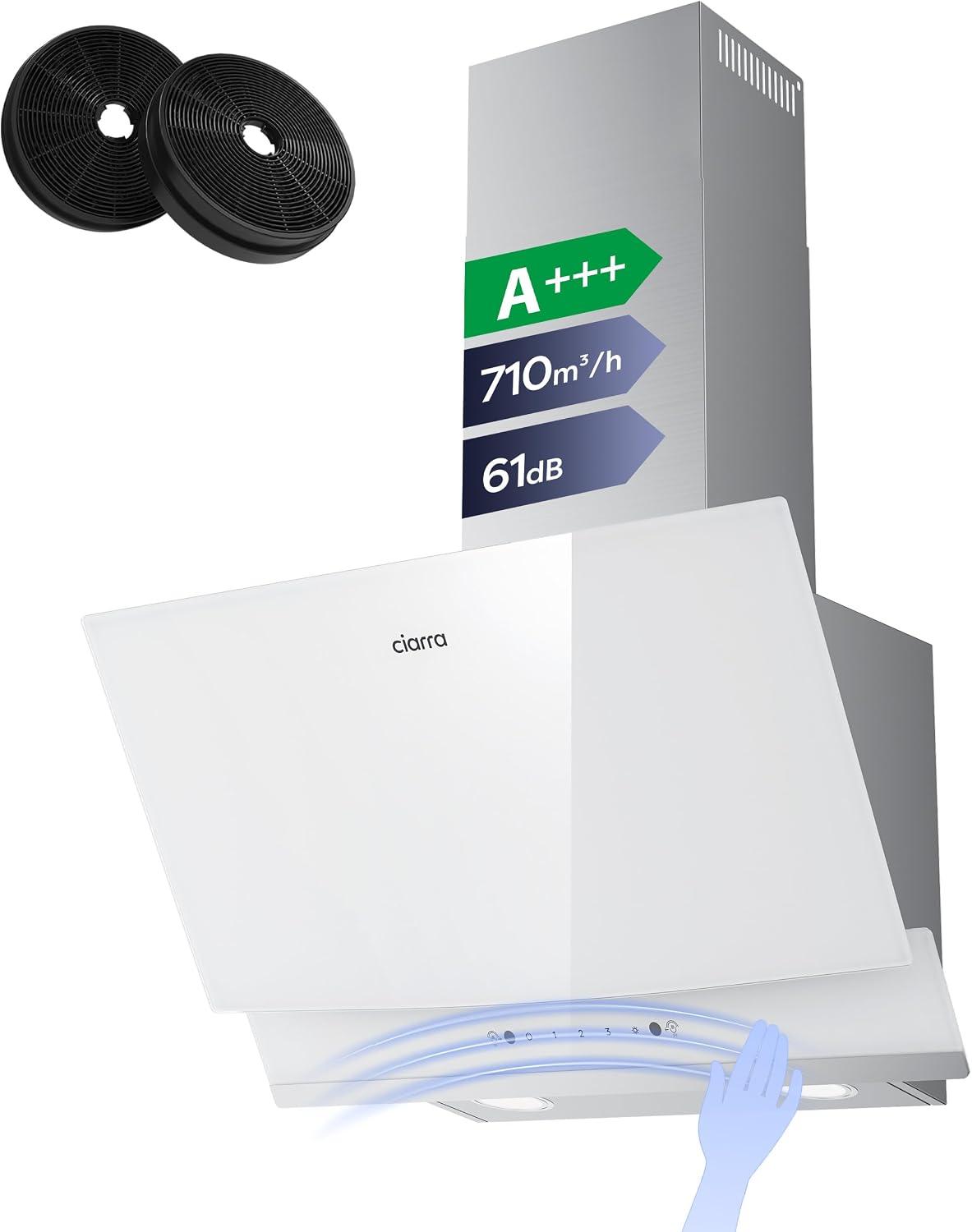 CIARRA 60cm White Angled Cooker Hood, Gesture Control, A+++, CBCW6736A
