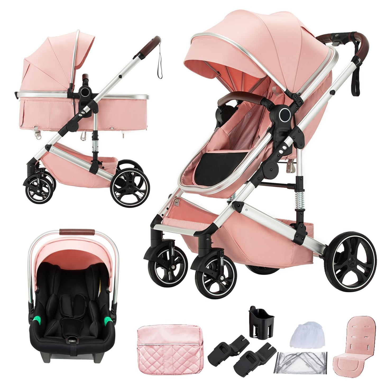 3 in 1 Baby Stroller with Height Adjustable Handle,3 in 1 Prams Travel System, Lightweight Foldable Pushchair, Prams with Aluminum Frame for Portable Baby Carriage (D2 Pink, H2-D)