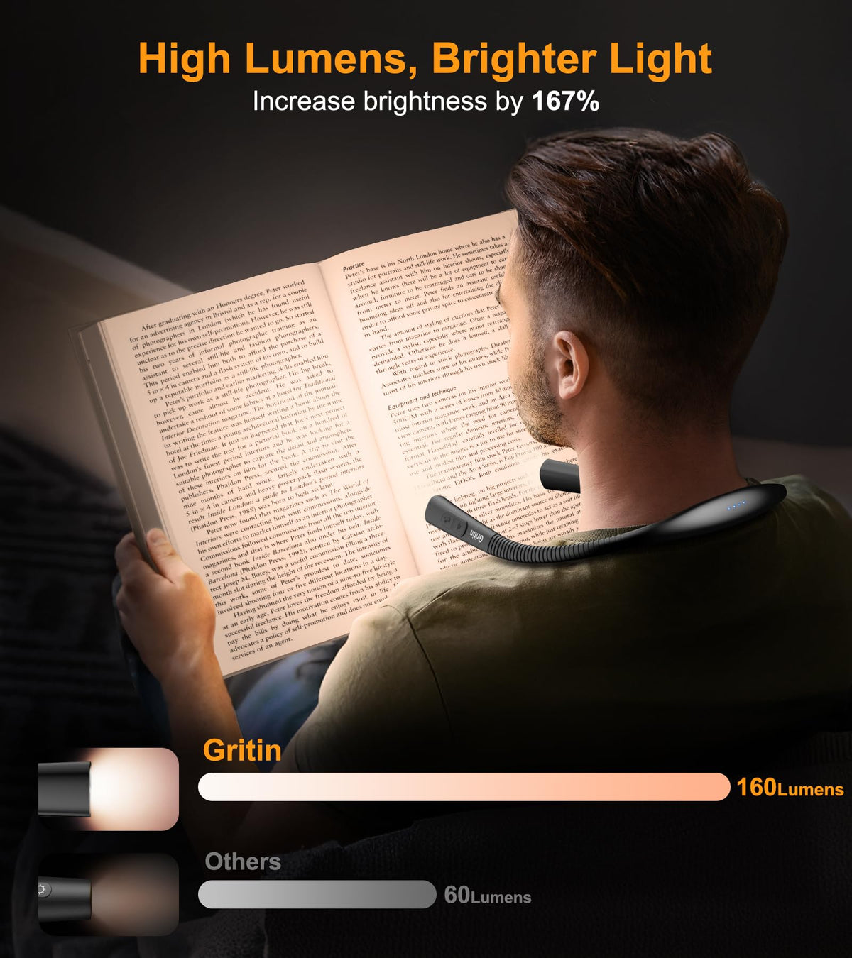 Gritin Book Light, Eye Caring 4-Color&5-Brightness Neck Light Reading Lamp