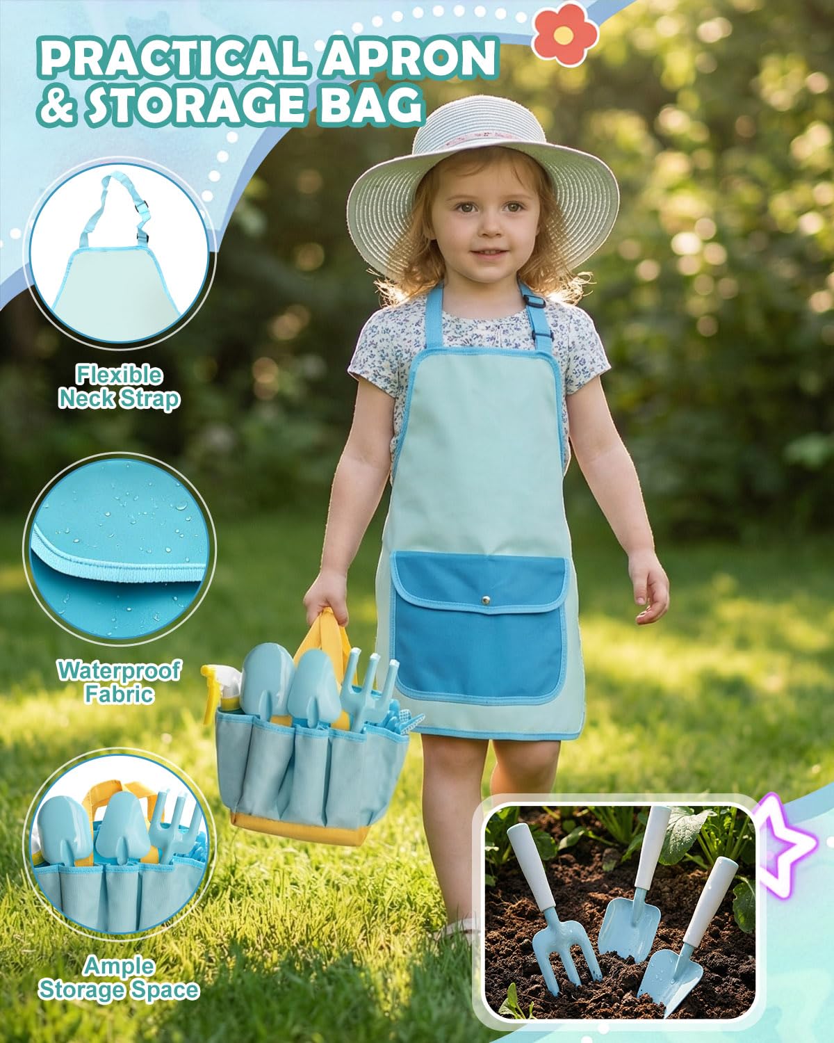 15pcs Kids Gardening Tool Set, Outdoor Gardening Set with Tools, Rake, Fork, Trowel, Watering Can, Gloves, Tote Bag & Plant Pots, Fun Garden Gift for Boys Girls Ages 3-12, Sky Blue