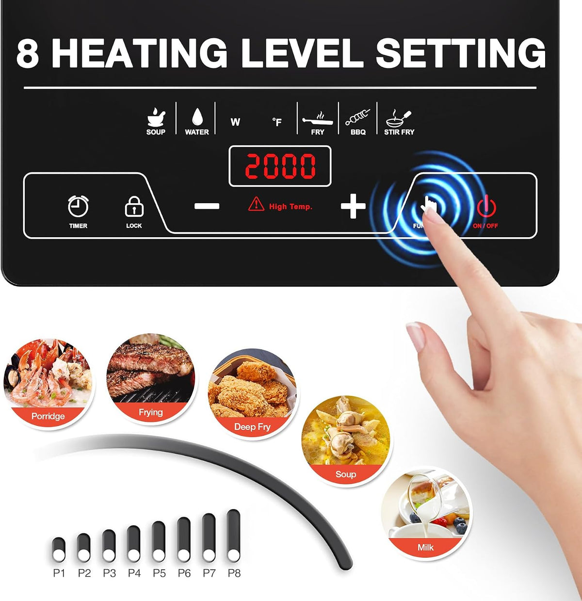 VBGK Portable Ceramic Hob, 2000W Pulg in Single Electric Hob, Portable Electric Hob with Digital LED Touch Controls, 10 Power Levels, 4-Hour Timer, Child Safety Lock, Black