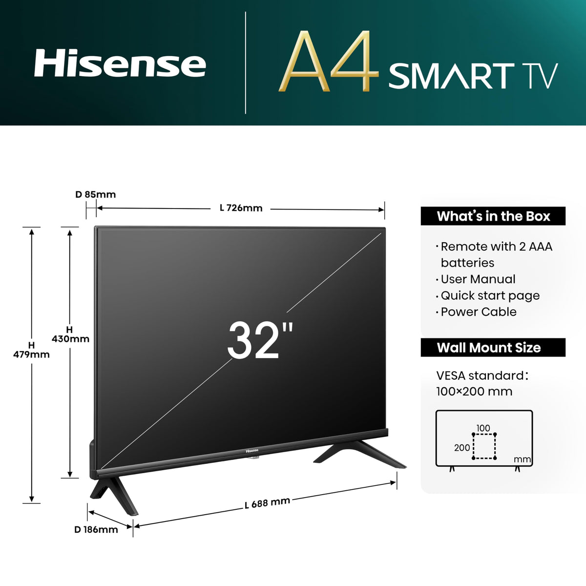 Hisense 40" 40A4QTUK FHD LED TV with Freely - Direct Lit LED, Dolby Audio, Natural Colour Enhancer, Games Mode, Sports Mode, Disney +, YouTube, Netflix