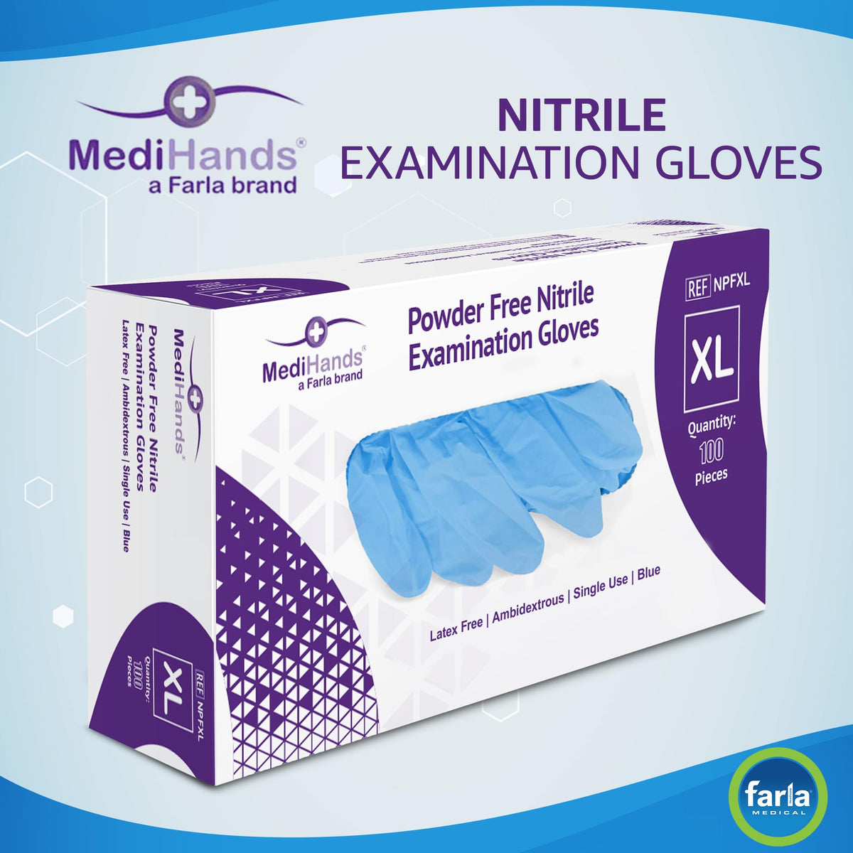 MediHands Nitrile Gloves Medium, Blue Heavy Duty Disposable Glove and Surgical Gloves, Powder Free and Latex Free, Medical, Food, Multi Use, Pack of 100