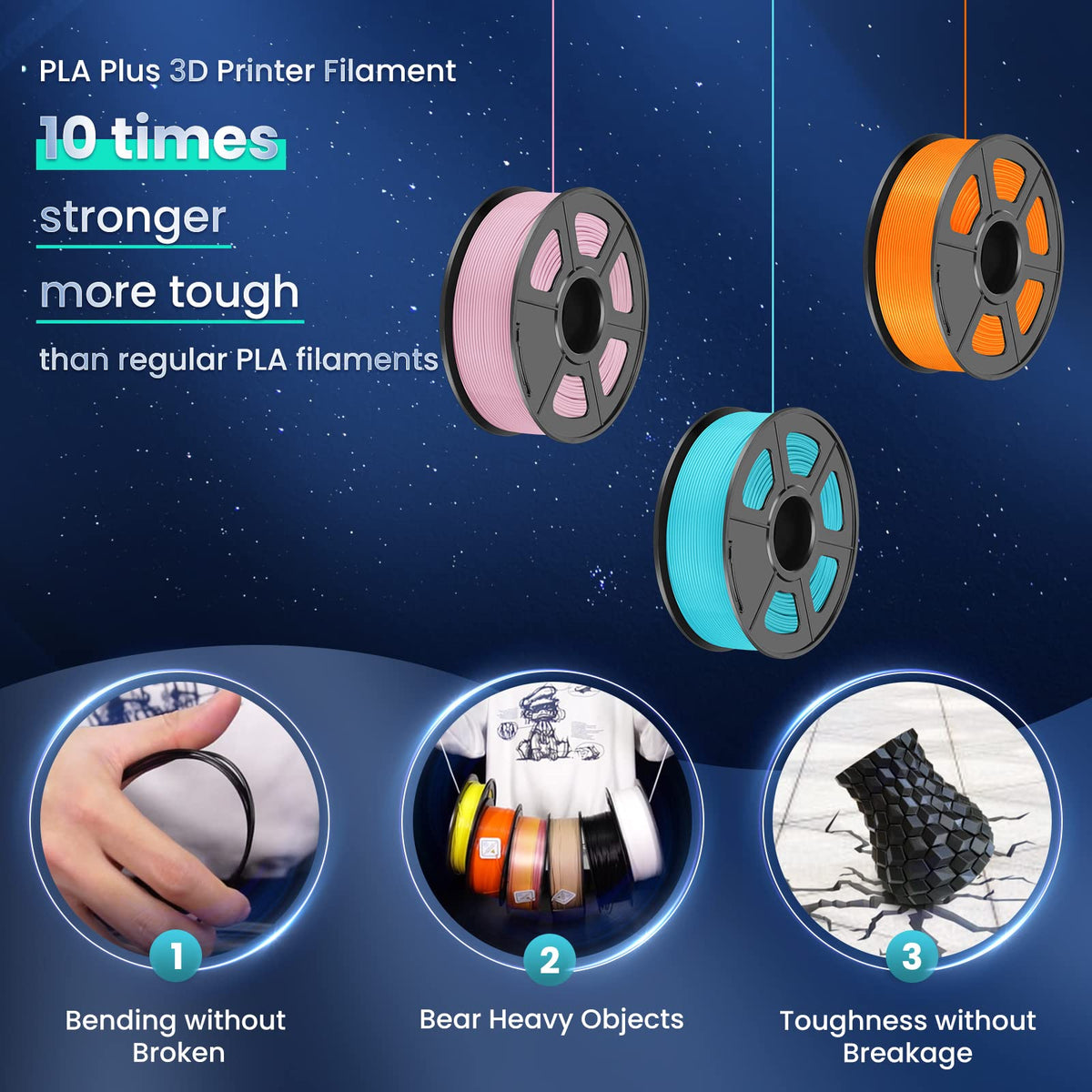 SUNLU PLA+ 3D Printer Filament, Tougher PLA Plus Filament 1.75mm, 1KG Black