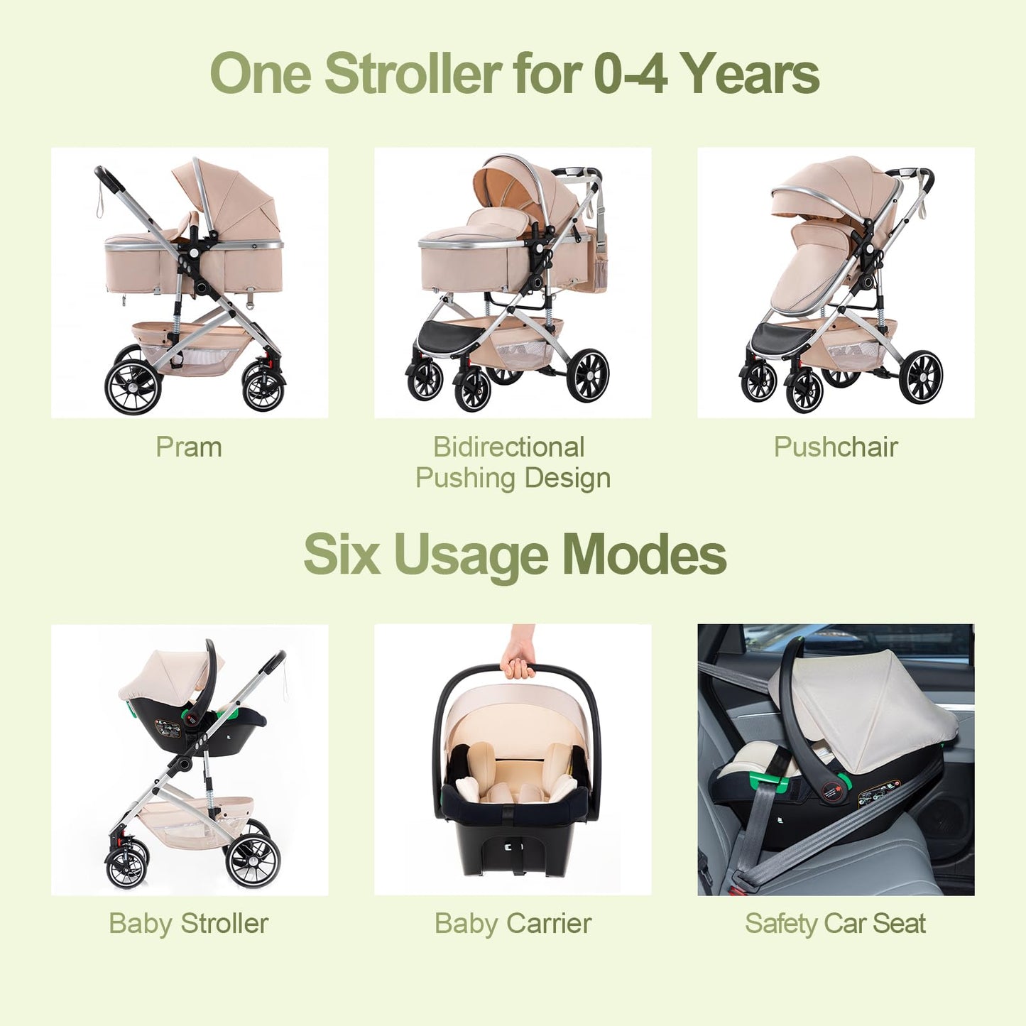Gcarebb 3 in 1 Prams Travel System, Pushchair with Height Adjustable Handle, Travel Pram with Mosquito Net, Baby Stroller with Aluminum Frame for Newborn 0-4 Years