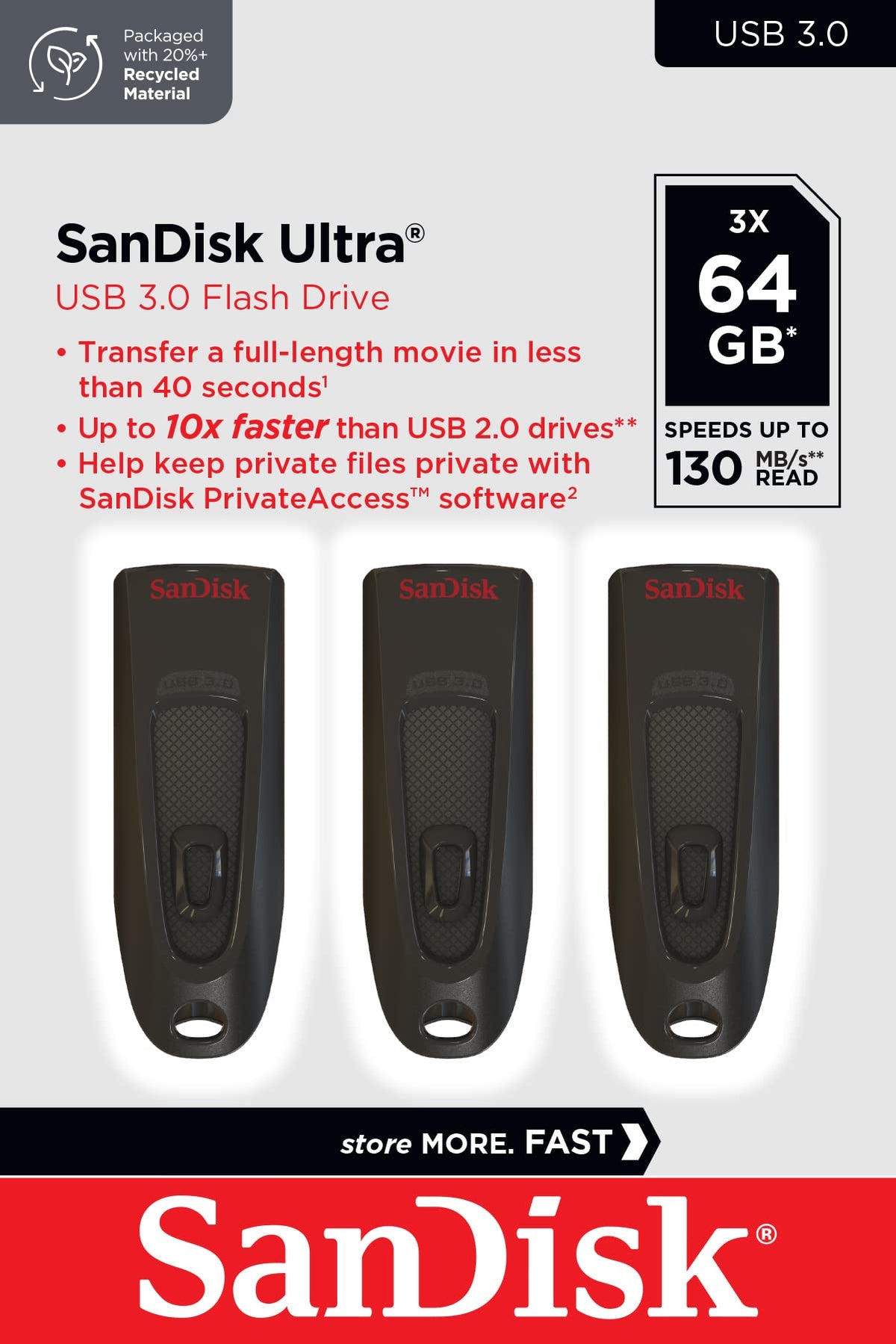 SanDisk Ultra 32 GB USB Flash Drive USB 3.0 Up to 130 MB/s Read - Twin Pack, Red/Blue (Pack of 5)