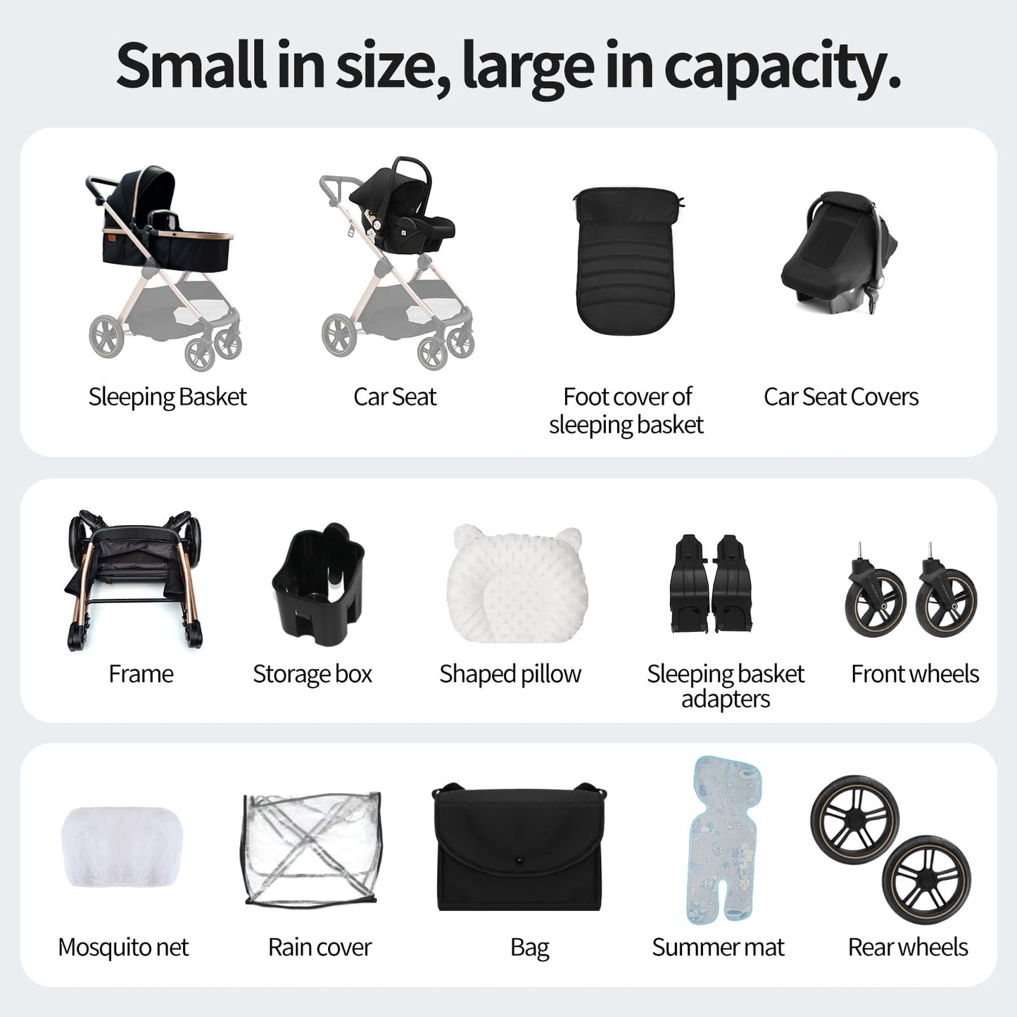 PU Leather 3 in 1 Pushchair Travel System, Toddler Stroller, Baby Pram 3 in 1, Infant Carriage with One-Click Folding, Newborn Buggy with Aluminum Frame (V6 Black)