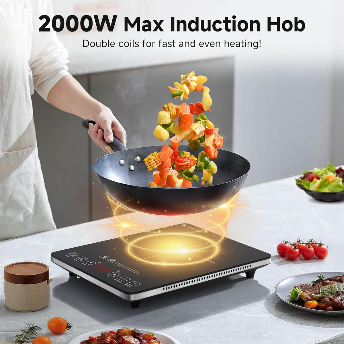 AMZCHEF Single Induction Cooker, Ultra-thin Induction Hob with Fashion Look, 20-level Power and Temperature Control, Black Frosted Glass Panel, Touch Sensor, 3-hour Timer, Safety Lock