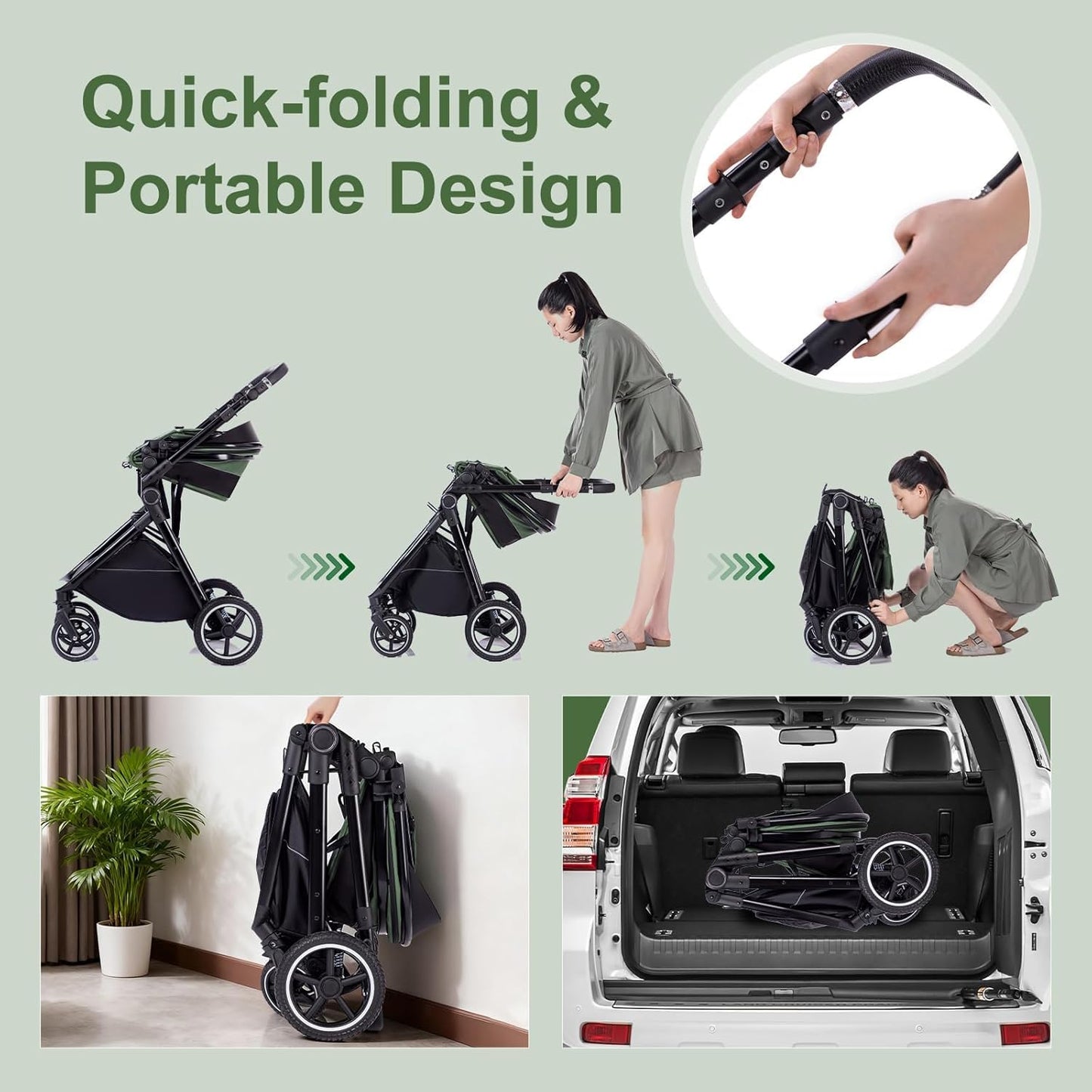 Gcarebb 3 in 1 Prams Travel System, Pushchair with Height Adjustable Handle, Travel Pram with Rain Cover, Baby Stroller with Aluminum Frame for Newborn