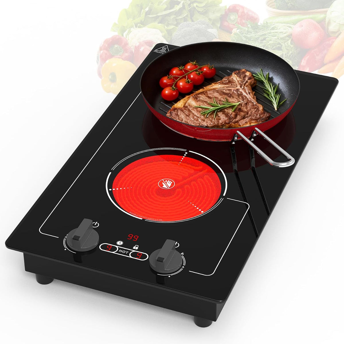 VBGK 2 Ring Electric Hob with Knob, 220V 3000W Double Ceramic Hob, 9 Power Levels, Kids Lock & Timer, Hot Surface Indicator, Overheat Protection, Knob and Touch Control Double Electric Hob