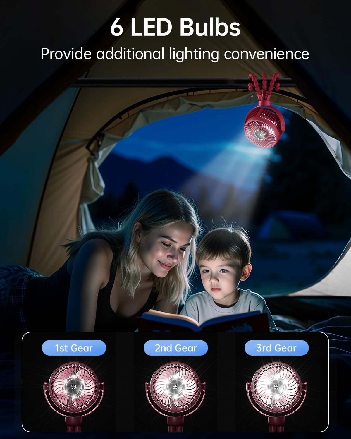 Pram Fan, Rechargeable 4-Speed Clip On Fan, Digital Display, Black