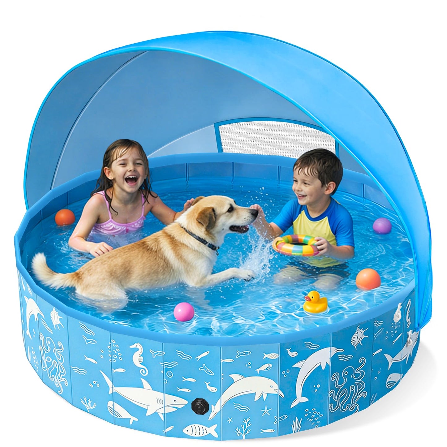 Instraella Dog Paddling Pool with Canopy, Large Dog Pool with UV Protection, Foldable Paddling Pool for Kids & Dogs, Thickened Pet Swimming Pool, Portable Dog Bath Tub for Small, Medium, Large Pets