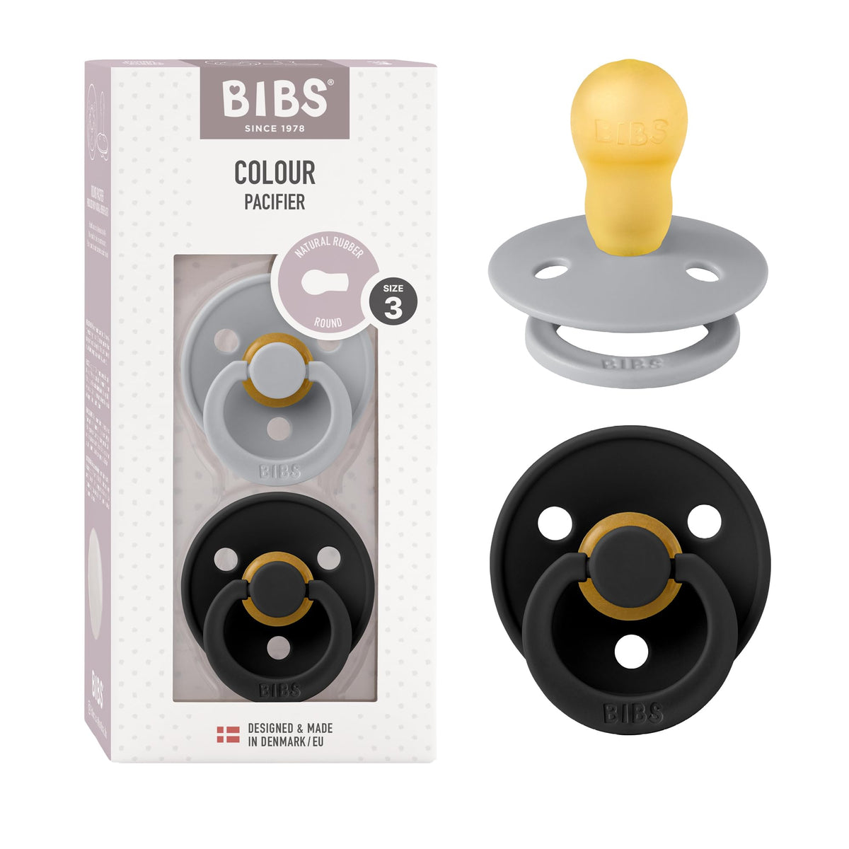 BIBS Colour Soother 2-Pack, BPA Free Dummy Pacifier, Round Nipple. Natural Rubber Latex, Made in Denmark, Size 2 (6-18 Months), Baby Blue