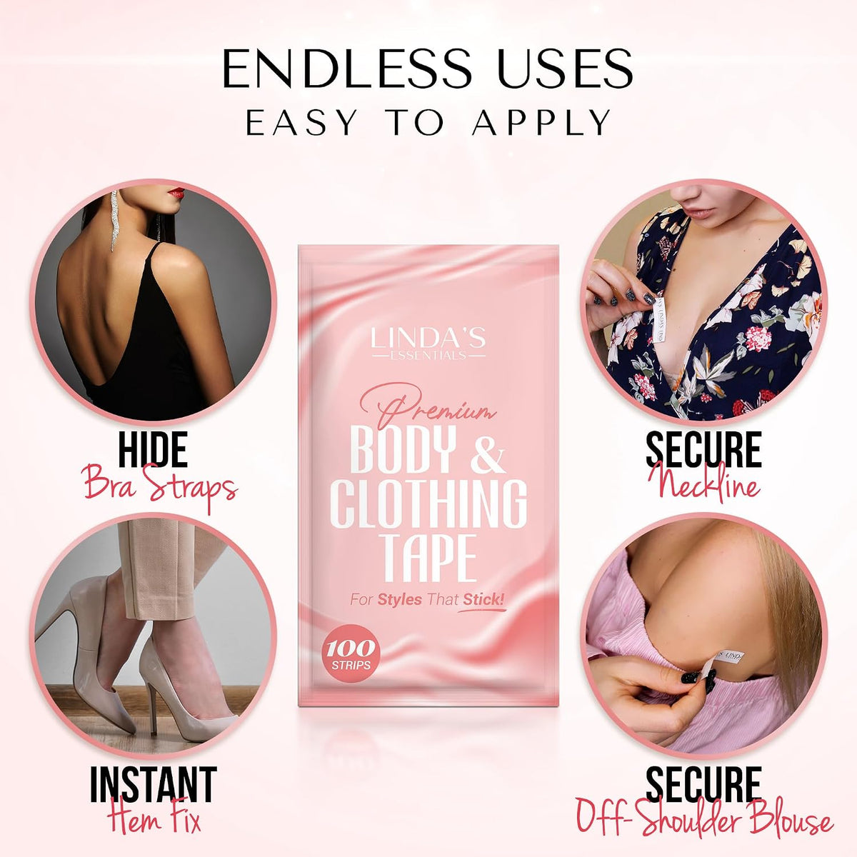 Linda's Essentials Double Sided Body and Fashion Tape (100 Strips) - Extra Adhesive Double Sided Boob Tape for Clothes & Skin, All Fabric Types, Perfect for Dresses, Body & Bra