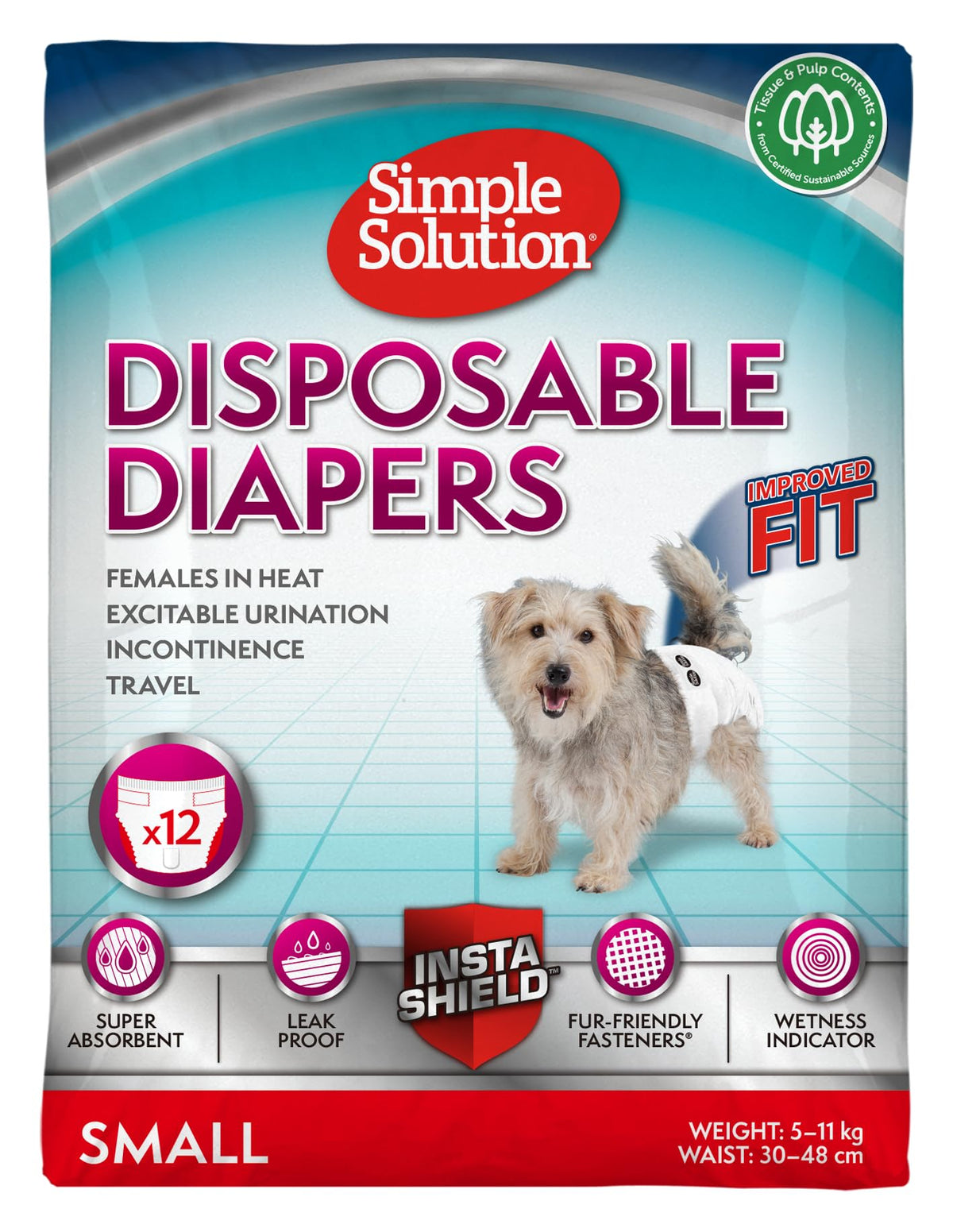 Simple Solution Disposable Dog Diapers for Female Dogs, Super Absorbent Leak-Proof Fit with Wetness Indicator for Excitable Urination, Incontinence or Females in Heat - 12 Pack