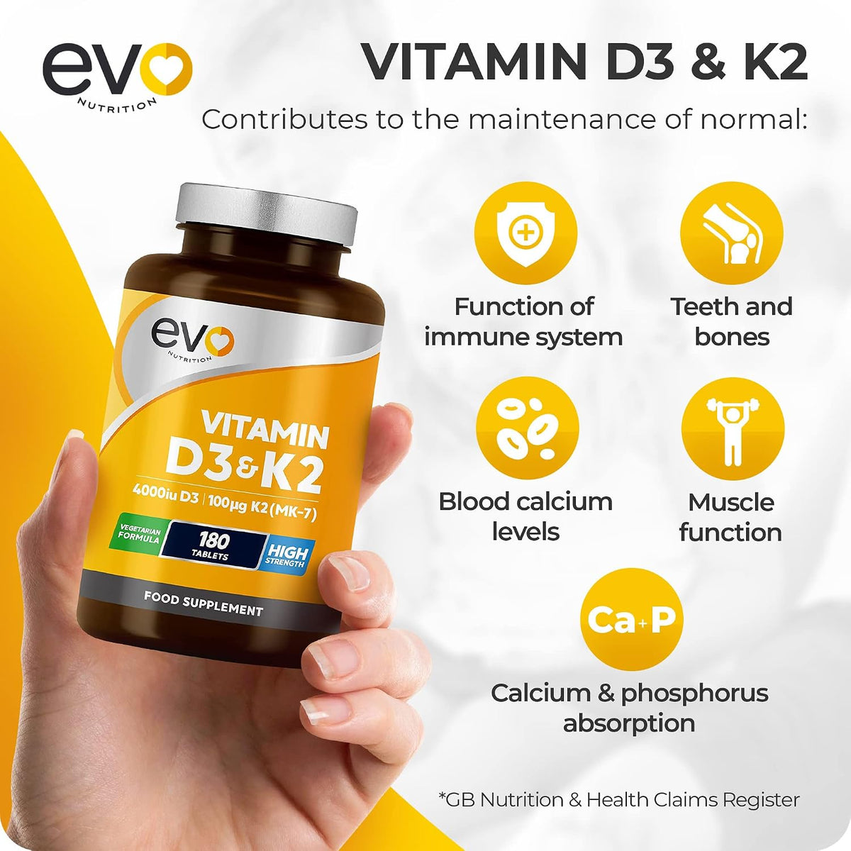 EVO Nutrition Vitamin D3 4000IU & K2 100mcg MK7, 180 Vegetarian Tablets