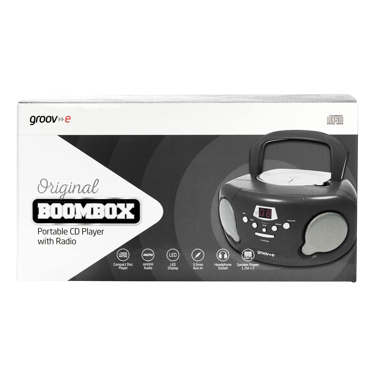 Groov-e Original Boombox - Portable CD Player with Bluetooth, Radio, 3.5mm Aux Port, & Headphone Socket - LED Display, 2 x 1.2W Speakers - Battery or Mains Powered - Black