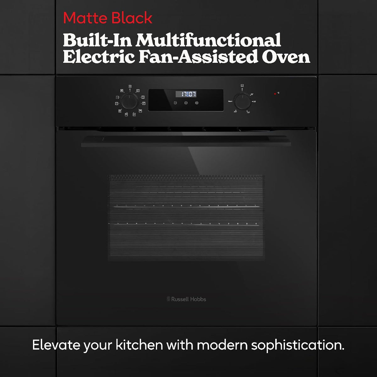 Russell Hobbs Built-in Multifunctional Electric Fan-Assisted Oven 70L in Black with 10 Functions, Double-Glazed Door, A Energy Rating, Grill Function, LED Clock & Timer, Easy-Clean Interior, RHEO7011B