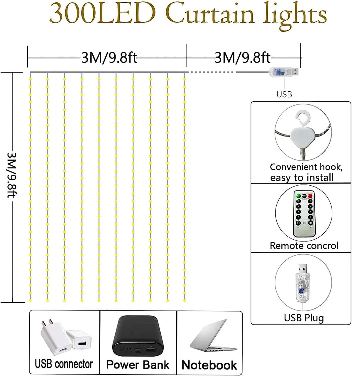 Lezonic Curtain Fairy Lights, 3m×3m 300LED Curtain String Lights Plug in