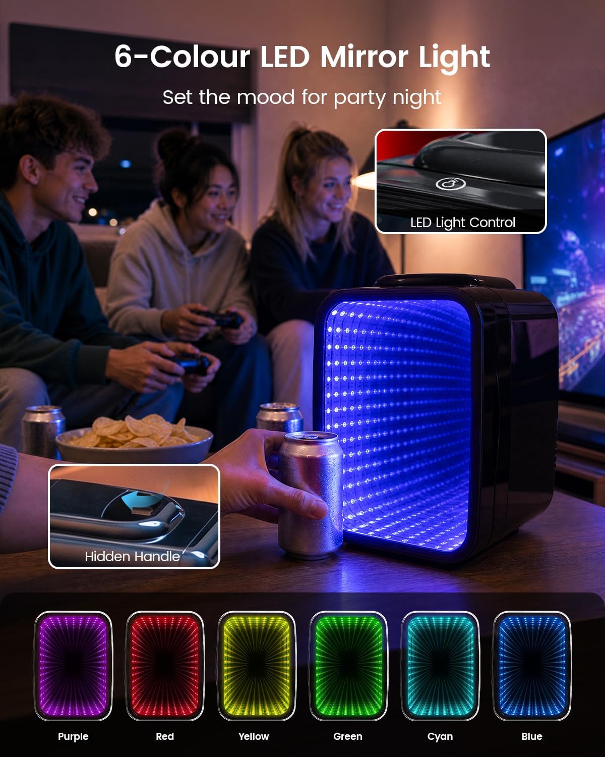 Mini Fridge, 4 Litre/6 Can Small Fridge with Dimmable LED Light, AC/DC Portable Mini Cooler and Warmer, Gaming Fridge for Bedroom, Office, Games Room and Car Great Gift for Teens