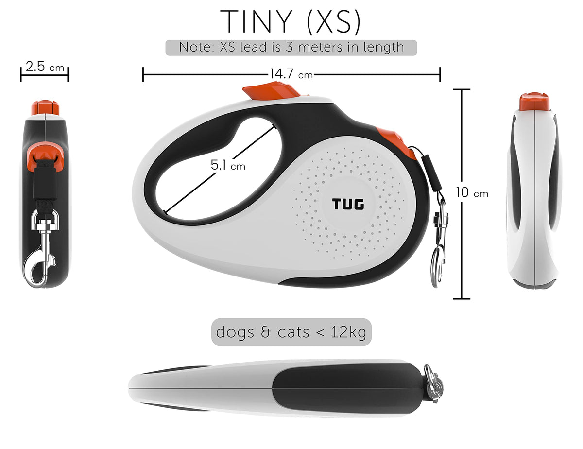 TUG 360° Tangle-Free Retractable Dog Lead for Up to 25 kg Dogs | 5 m Strong Nylon Tape | One-Handed Brake, Pause, Lock (Medium, White/Orange)