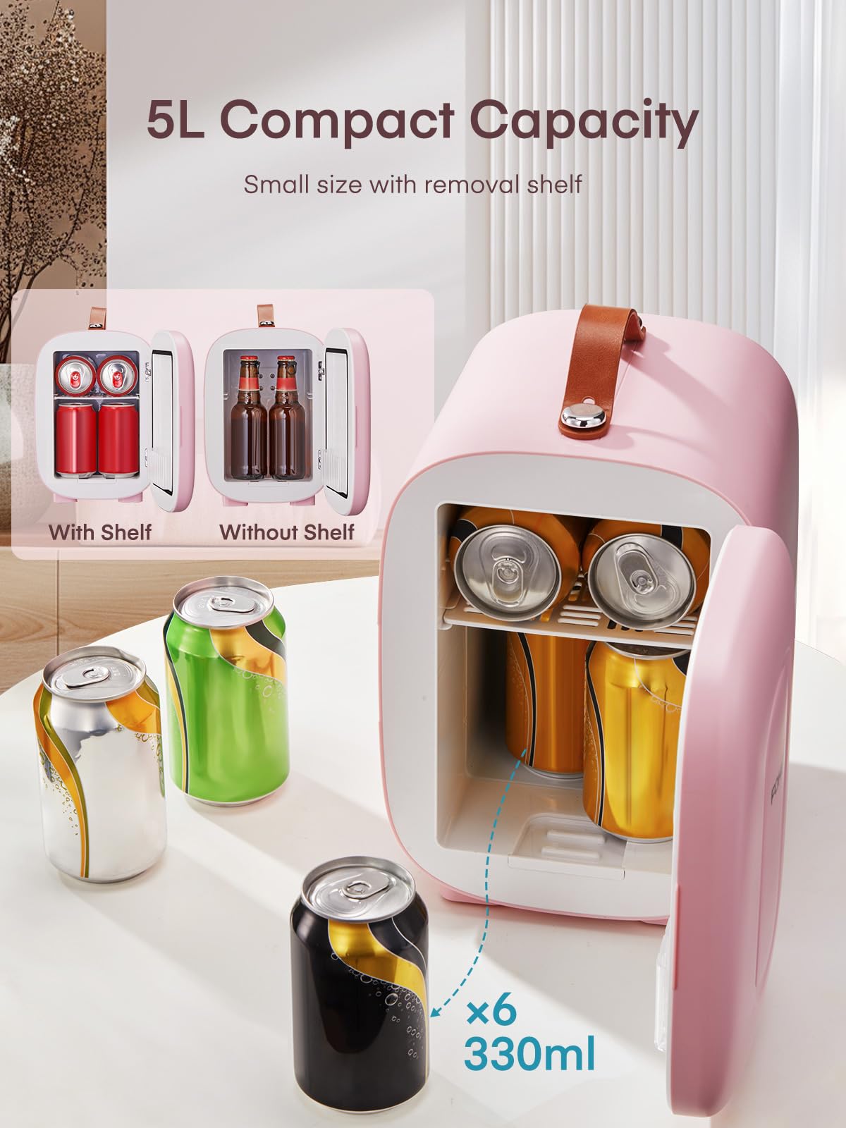FOHERE Mini Fridge Portable, 5 Liter/6 Cans Small Fridge Cooler & Warmer, Quiet, DC/AC Power, Cmpact Mini Fridge for Bedrooms, Office, Skincare, Car, Travel, Black