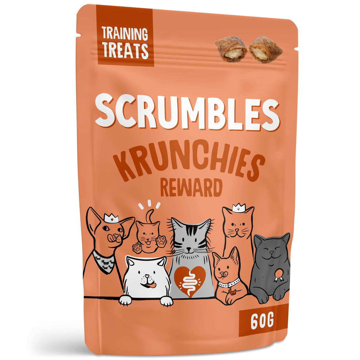 Scrumbles • Cat Treats • Krunchies • Calming • All Lifestages • 60g Bag • Hypoallergenic • No Added Sugar • Valerian & Chamomile • Gluten Free • Low Calories