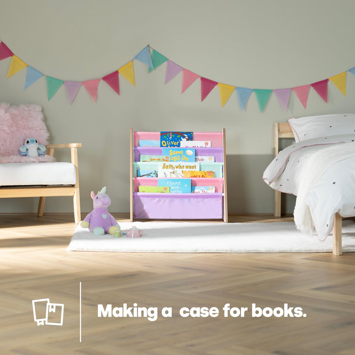 LIVIVO Colorful Kids Bookshelf - 4 Tier Children's Bookcase, Magazine and Book Storage Rack, Wooden Sling Book Organizer, Book Shelf for Kids Room, Bedroom, Nursery, Playroom (Natural)