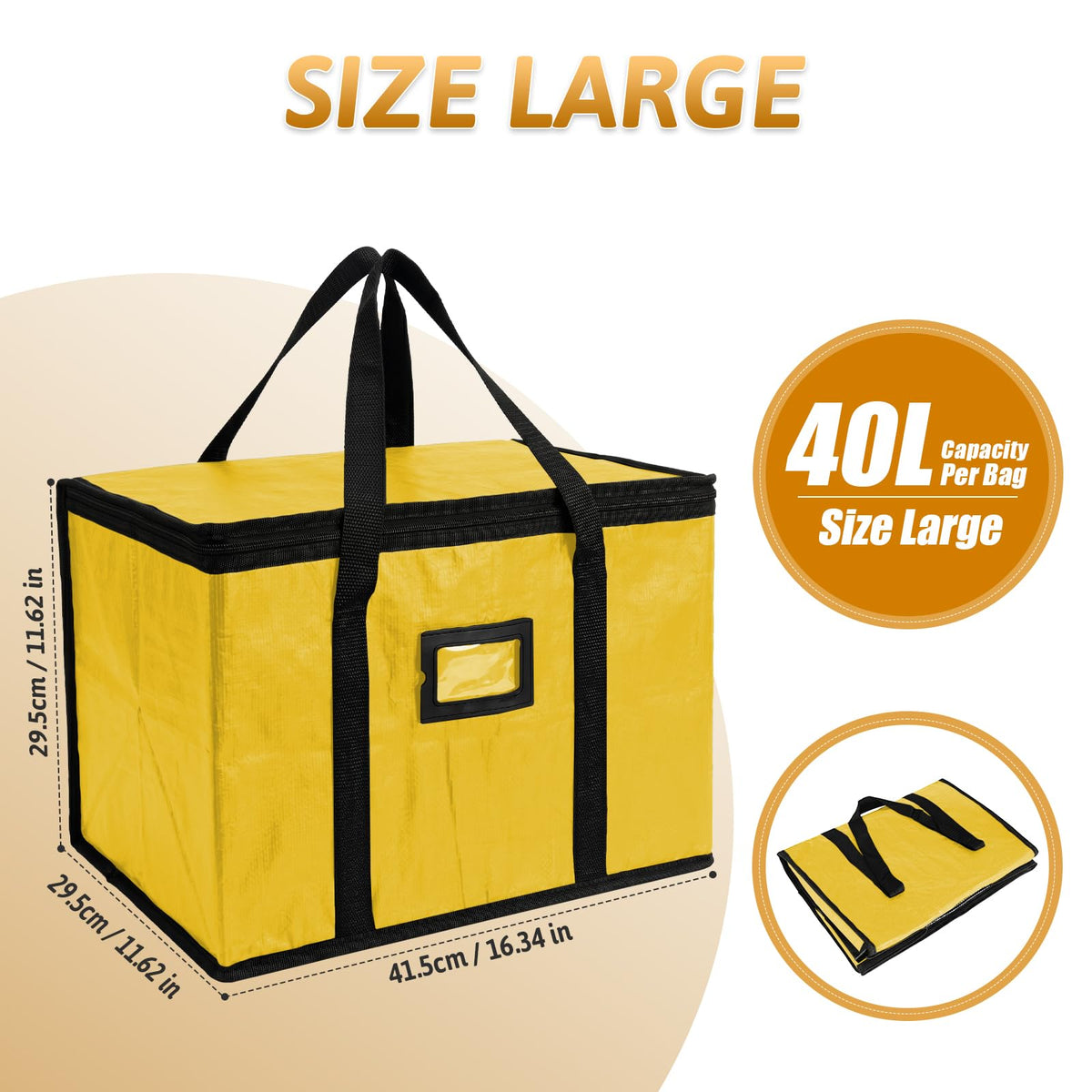 40L Insulated Thermal Food Delivery Bag for Hot & Cold Meals, Large Foldable Cooler with Insulation for Picnic, Camping, Lunch & Outdoor Use (Black)