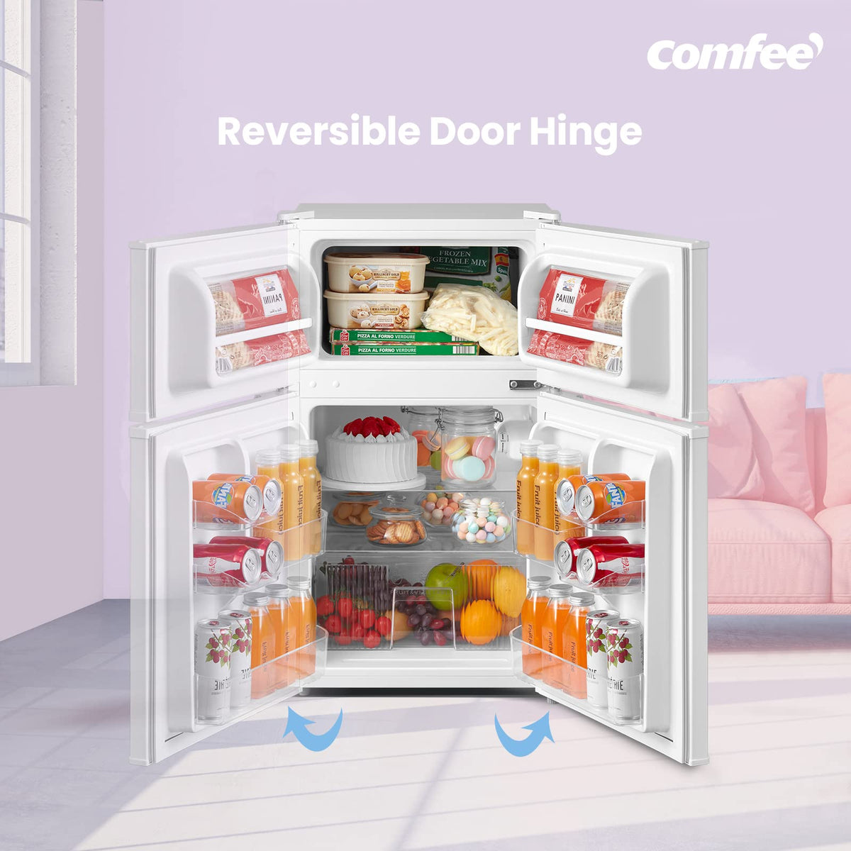 COMFEE' 87L Under Counter Fridge Freezer, Reversible Door, RCT87BL2(E)
