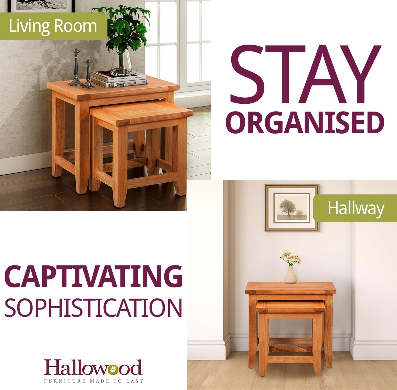 Hallowood Furniture Cotswold Nest of Tables Set of 2, Multifunctional Solid Oak Wooden Nesting Side, Coffee Table for Living Room, Bedroom or Small Spaces, Fully Assembled