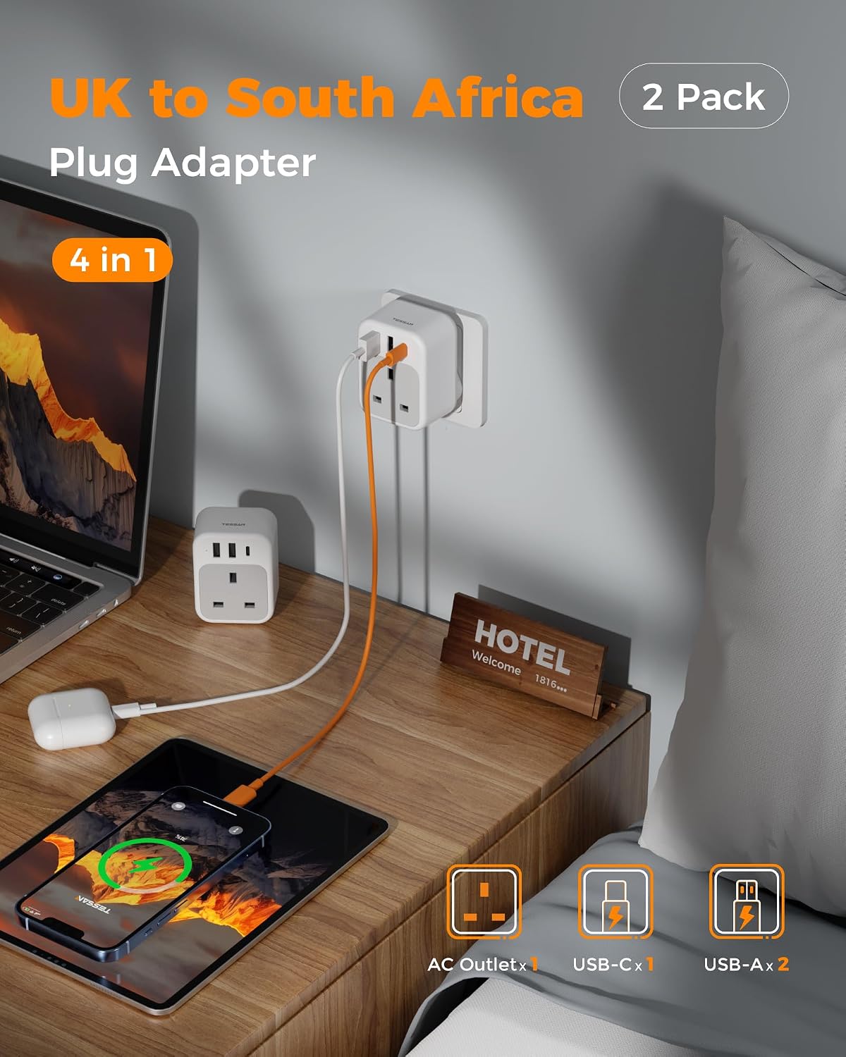 TESSAN UK to South Africa Plug Adapter, Type M Travel Adaptor with USB C