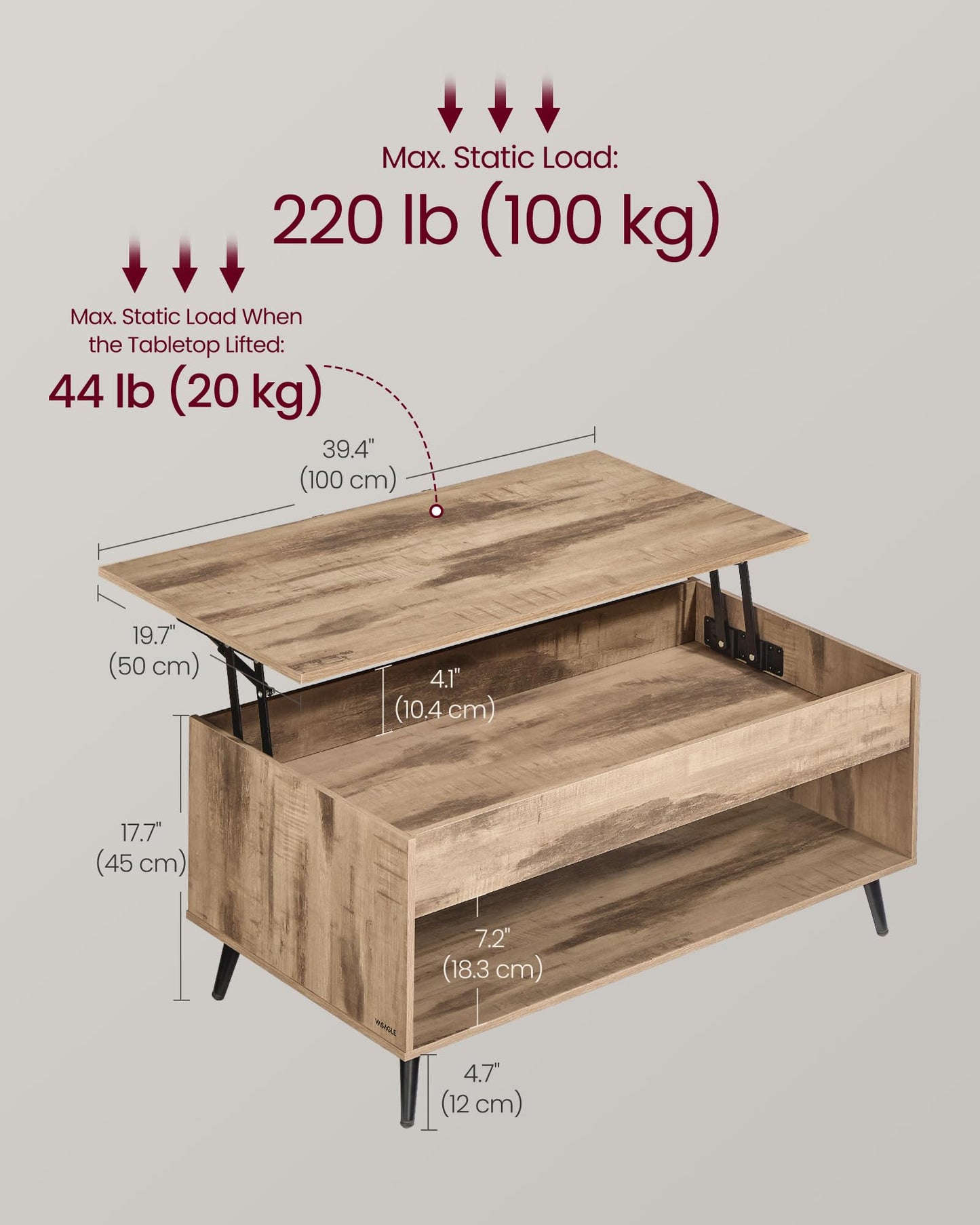 VASAGLE Lift Top Coffee Table, Lift Tabletop Dining Table, Gas Spring, Hidden Compartment, Open Storage Shelf, for Living Room, Home Office, Rustic Brown and Matte Black LCT267KD01
