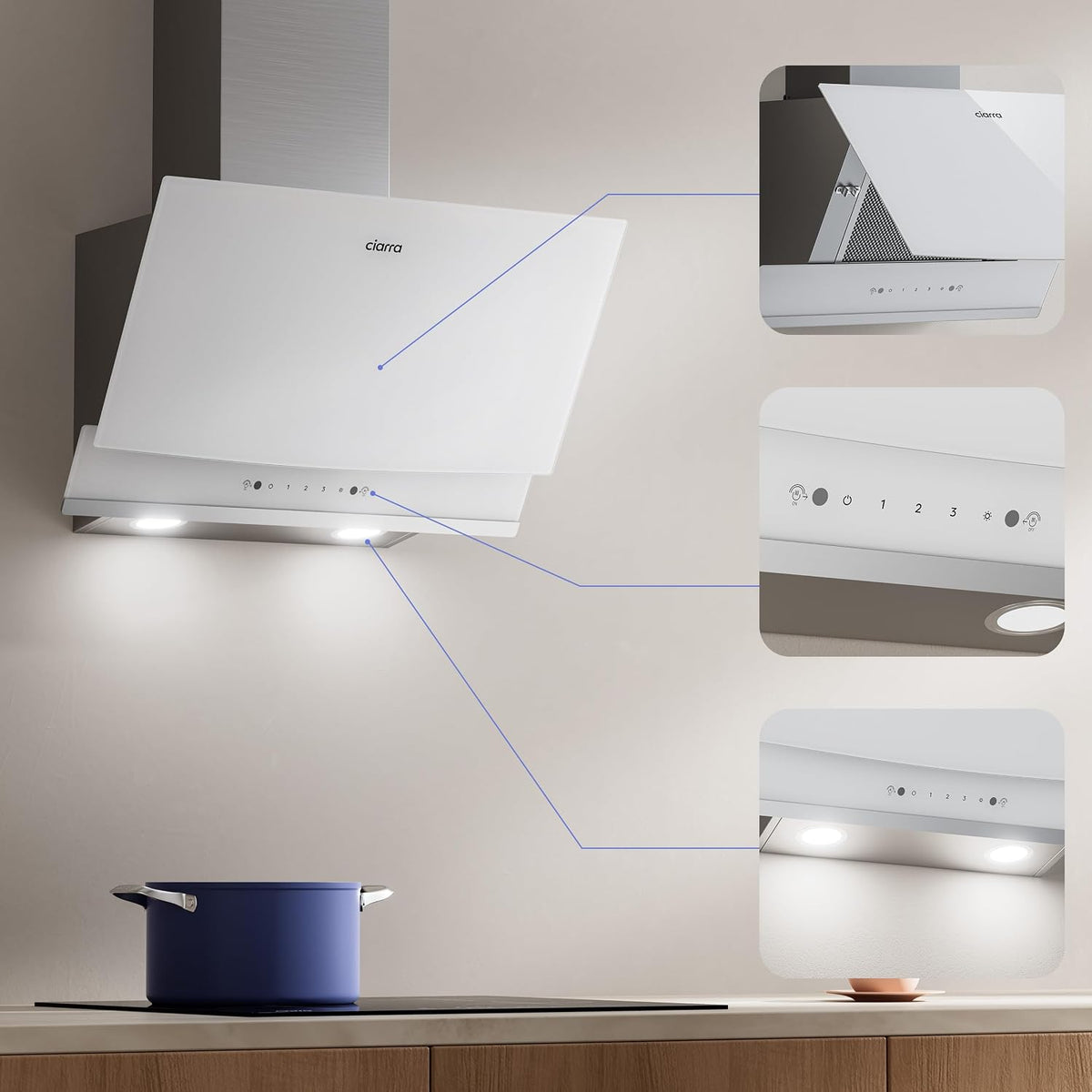 CIARRA 60cm White Angled Cooker Hood, Gesture Control, A+++, CBCW6736A