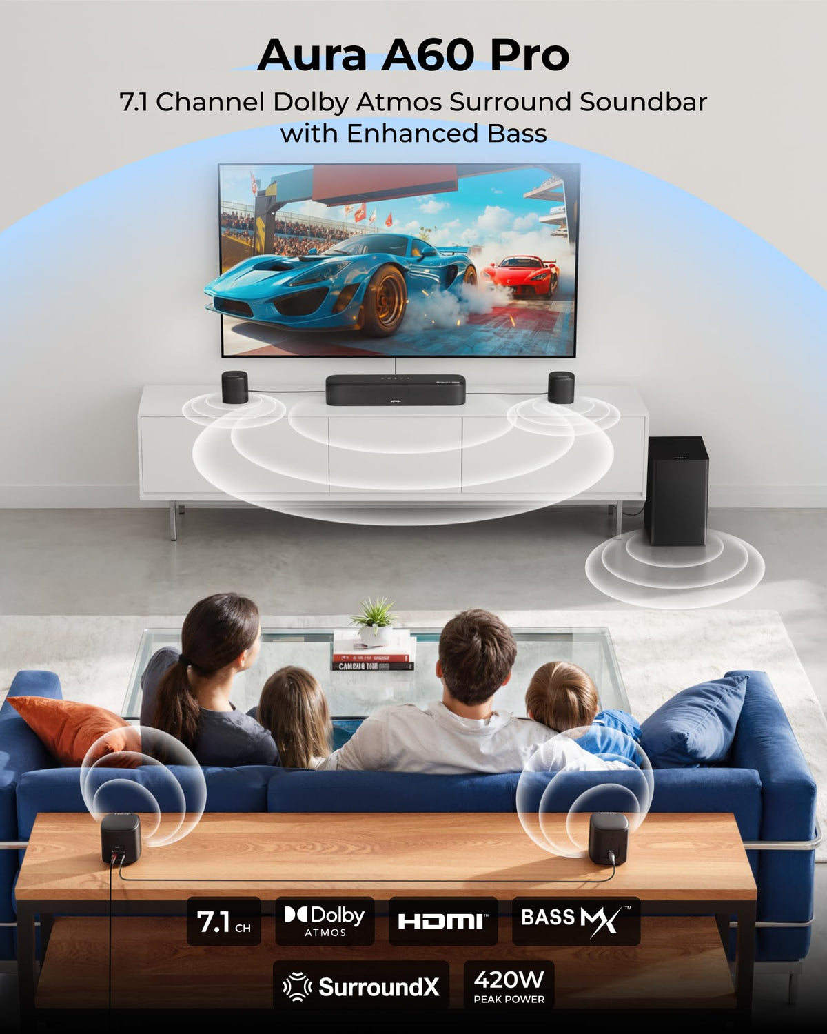 ULTIMEA 9.1ch Surround Sound System with Dolby Atmos, 2 Rear Speaker, 6.5" Wireless Subwoofer, RGB Light, App, Detachable Surround Sound System for Home Theater, Peak Power 470W, HDMI eARC, Apollo S90