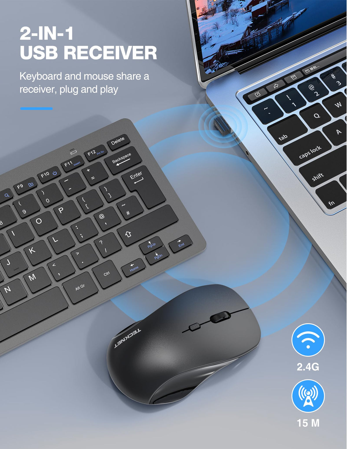 TECKNET Mini Wireless Keyboard and Mouse Set, 2.4G Cordless USB, Black