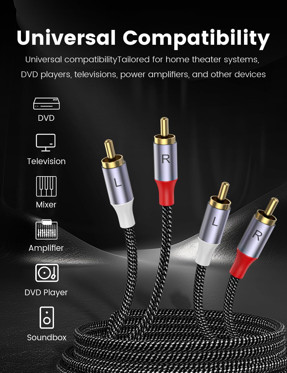 MOSWAG RCA Stereo Cable,2-Male to 2-Male RCA Audio Stereo Cable 10Ft/3M,rca Cord Auxiliary Audio Cord Nylon Braided for Home Theater, HDTV, Amplifiers, Hi-Fi Systems, Car Audio, Speakers