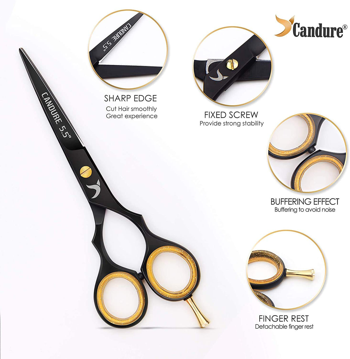 Candure Hairdressing Scissor with Comb & Leather Pouch 6.5" - Hair Scissor for Professional Hairdressers, Barbers Stainless Steel Hair Cutting Shears for Salon, Men, Women, Children and Adults Black