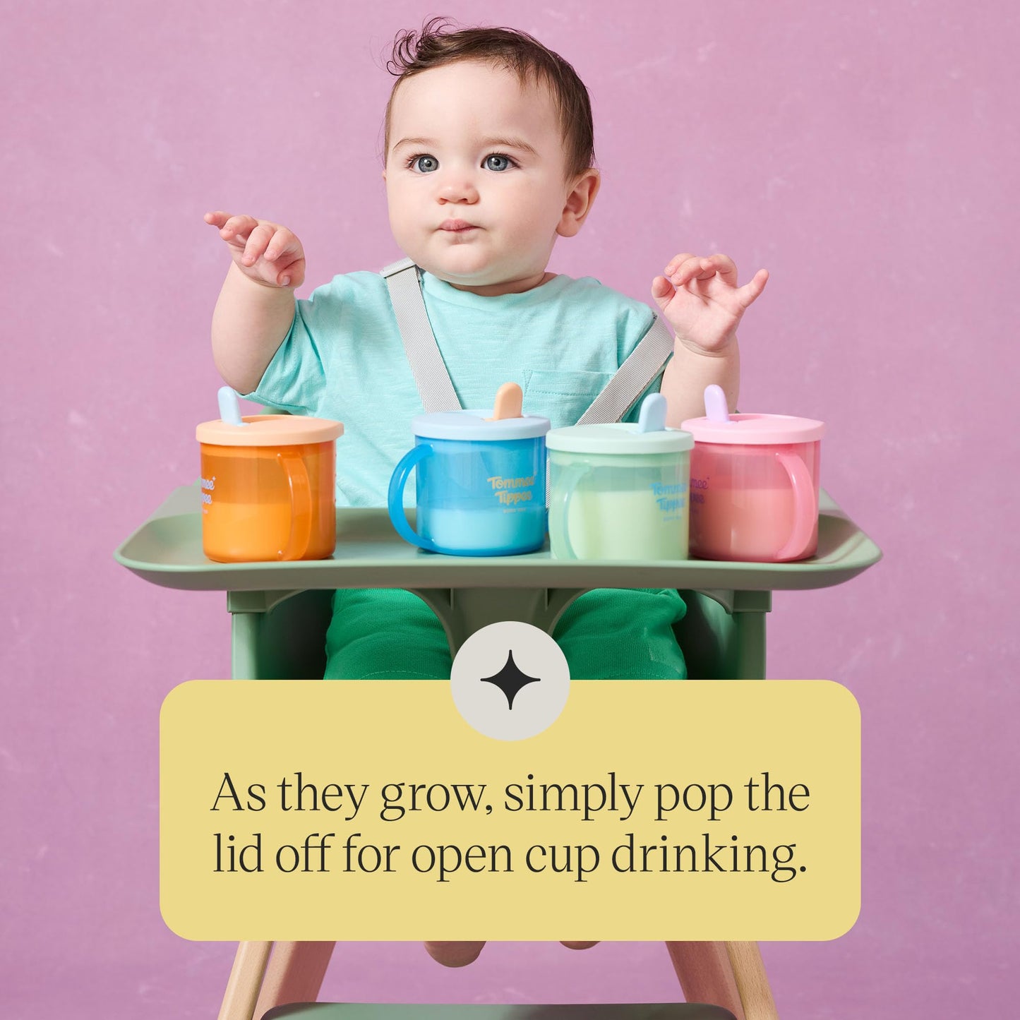 Tommee Tippee First Cup, 190ml, Non-Spill Sippy Cup for Babies 4 Months+, with Free-Flow Flip-Down Spout and Easy to Hold Handles, Orange, Blue and Green, 3 Pack